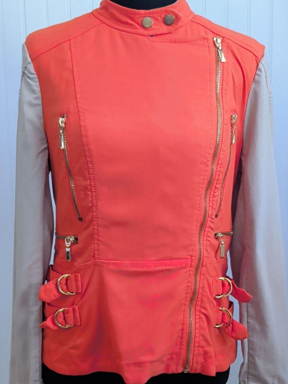 Hot in Hollywood Two-Tone Canvas Moto Jacket Asymmetrical Zip Coral Taupe XS